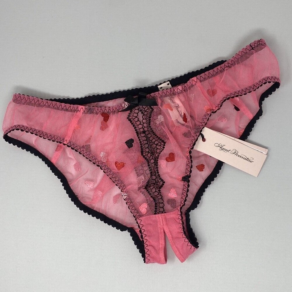 Agent Provocateur Conny Pink Black Heart Ouvert Brief AP4 Large NWT